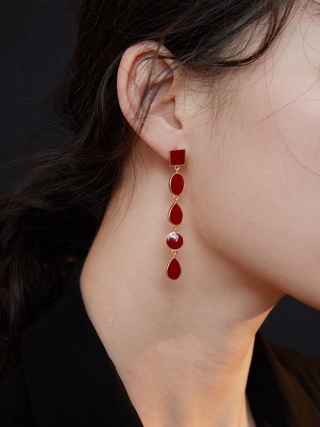 Red Drip Glaze Geometric Long Earrings